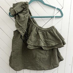 One shoulder ruffle tank, linen look olive green